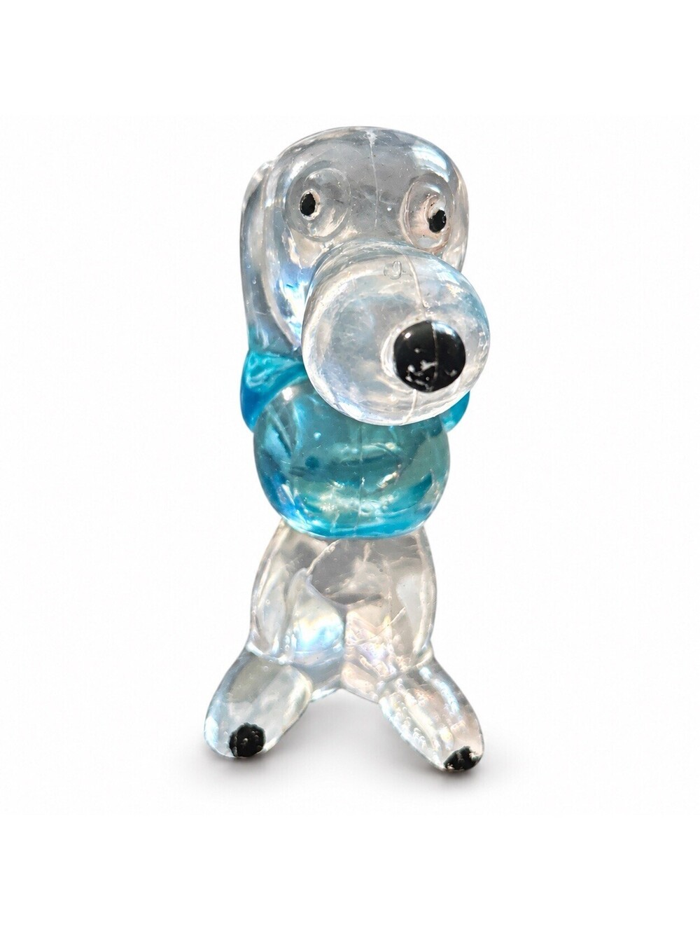 Miniature Hand Blown Art Glass Dog Figurine Clear Blue Black Accents 2.75”